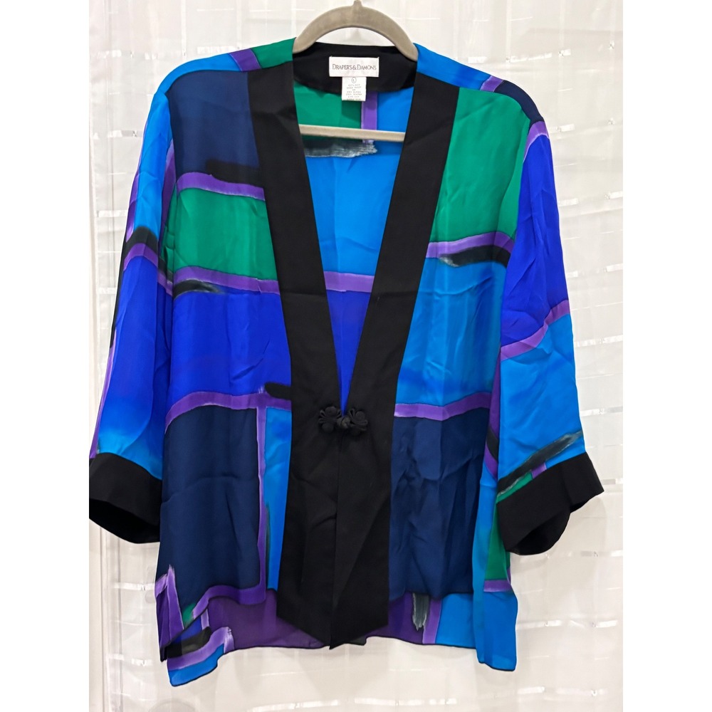 Drapers & Damons Women L Silk Geometric Colorblock Frog Closure Open Jacket